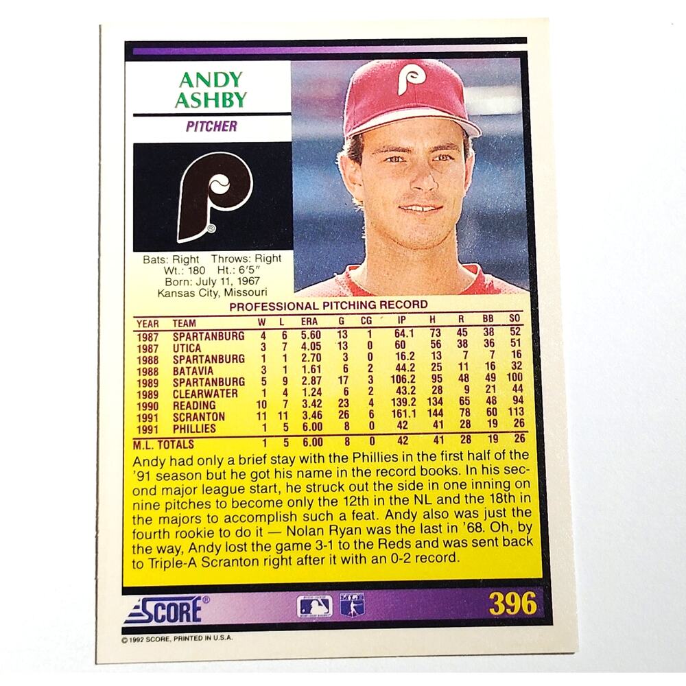 1992 Score Andy Ashby #396 Philadelphia Phillies Pitcher MLB Baseball NM